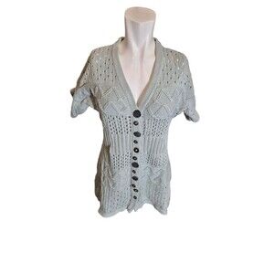 Pure Handknit VTG Boho Cardigan Sweater Handmade Ornate Buttons Lt. Blue Sz S-M